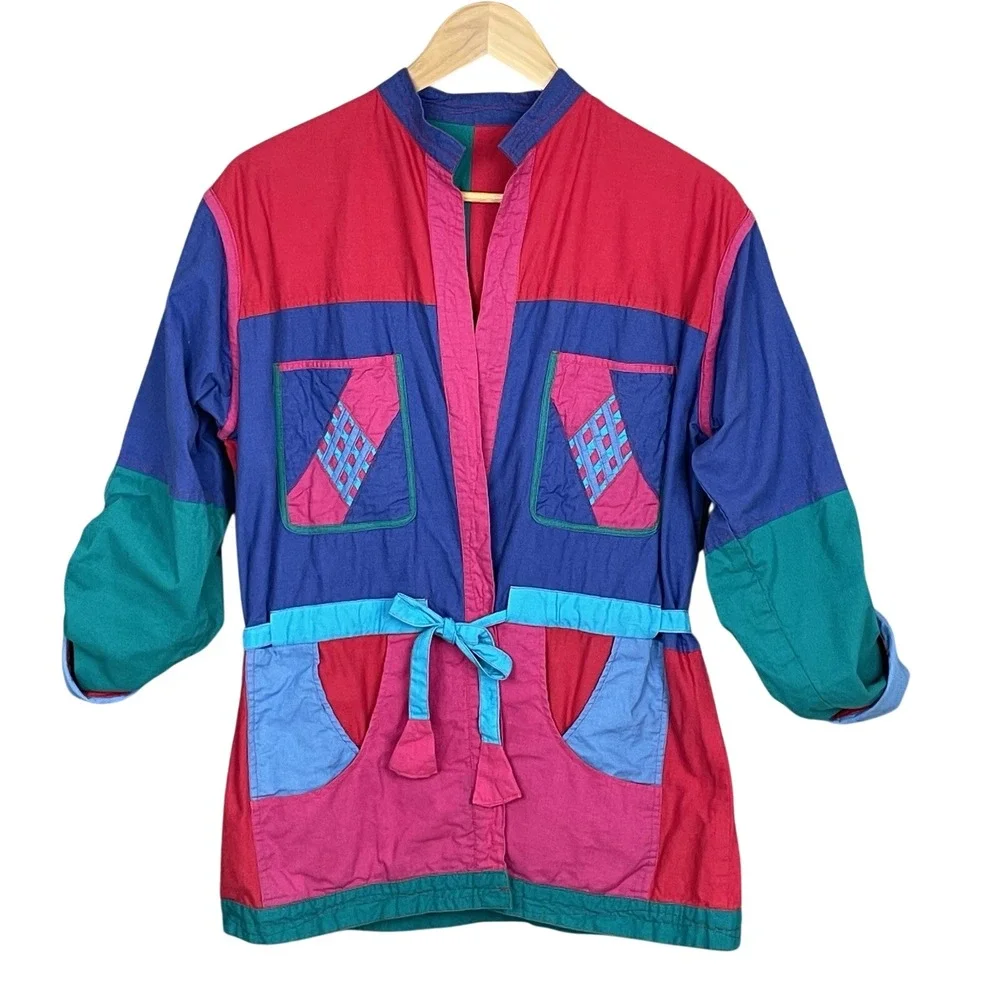 Vintage Maximalist Colorblock Patchwork Jacket Womens XL Reversible Boho Artsy‎